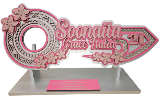 Personalised wooden 21st birthday key with Pacifica patterns and frangipani flowers