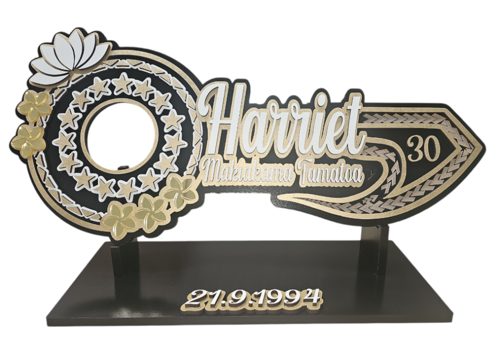 CDW84 - Lotus & frangipani flower key with Cook Island stars