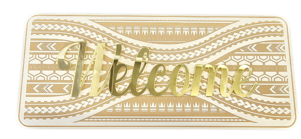 Welcome sign with Pacifica engraved patterns