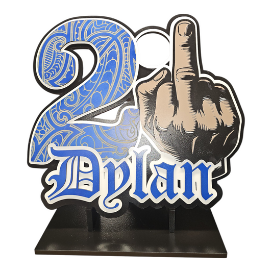 21st birthday key with male middle finger up and maori engravings