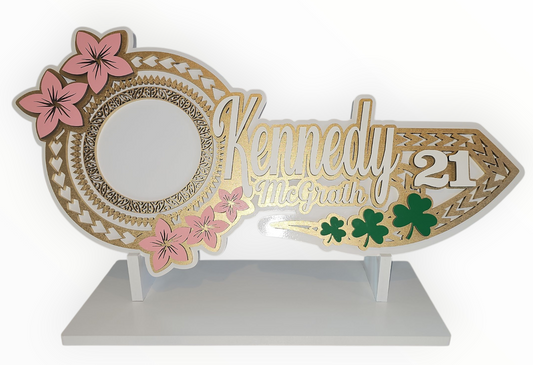 Maori Niuean Pacifica 21st key with clovers and frangipani flowers